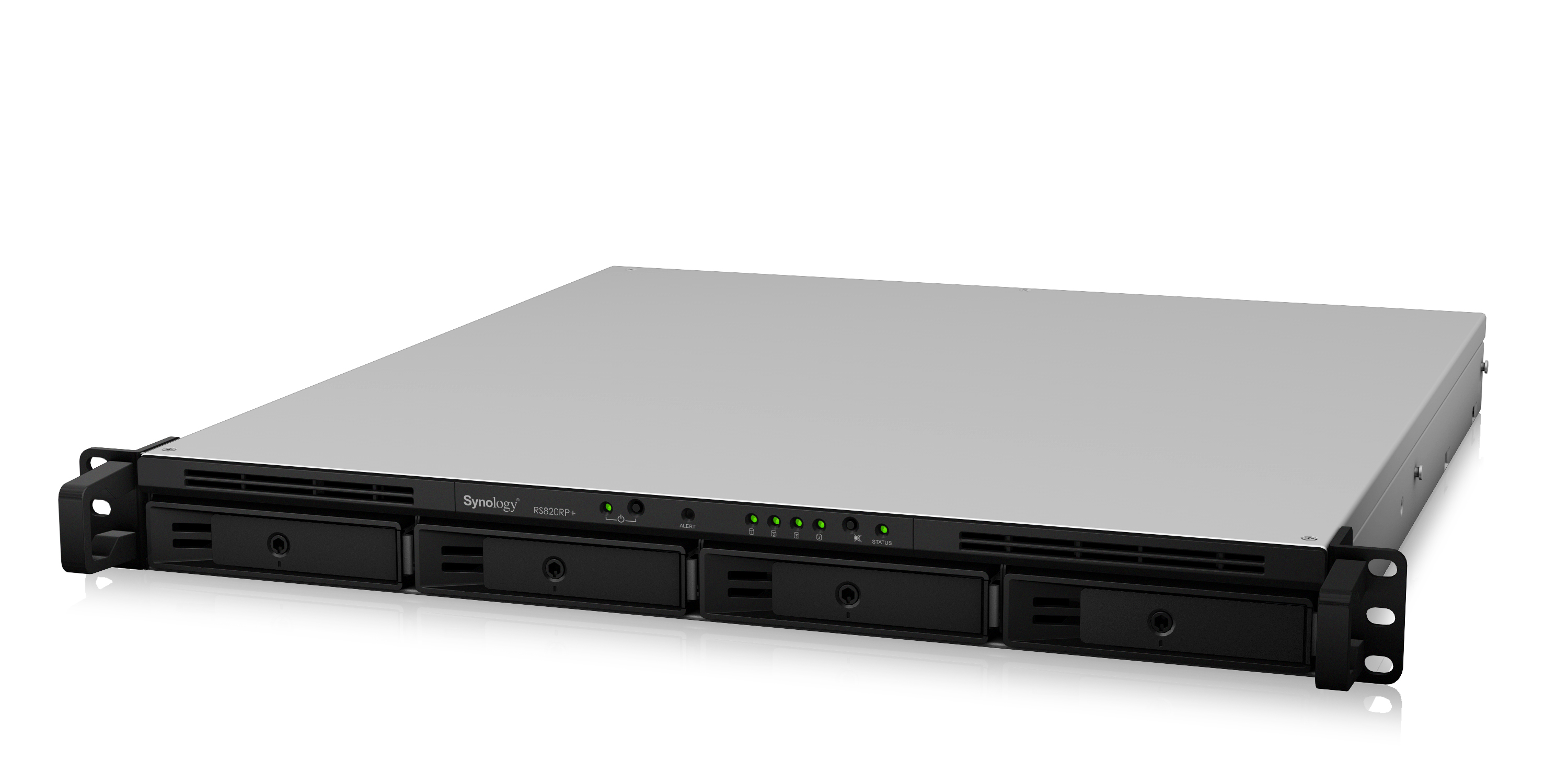 Black and silver Synology NAS server with four drive bays.