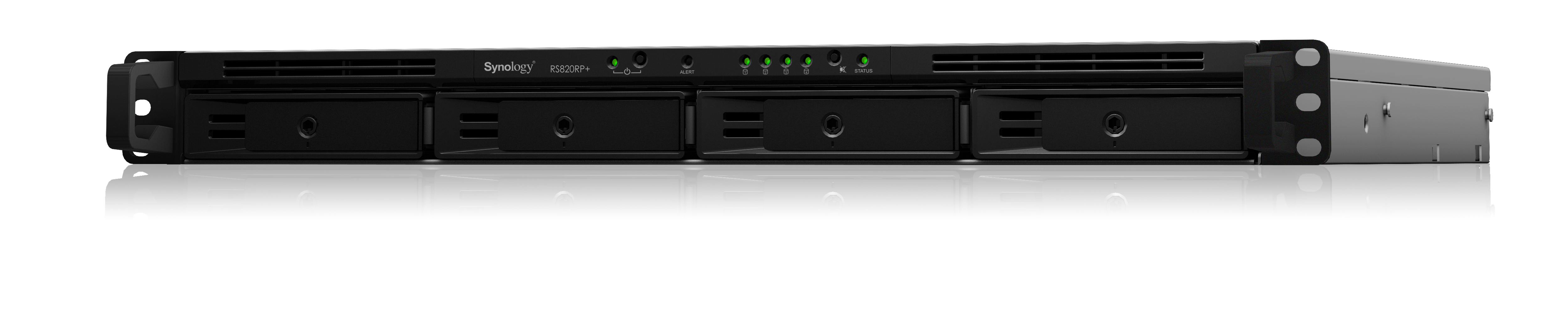 Black Synology NAS server, front view, with several drive bays and status lights, on white.