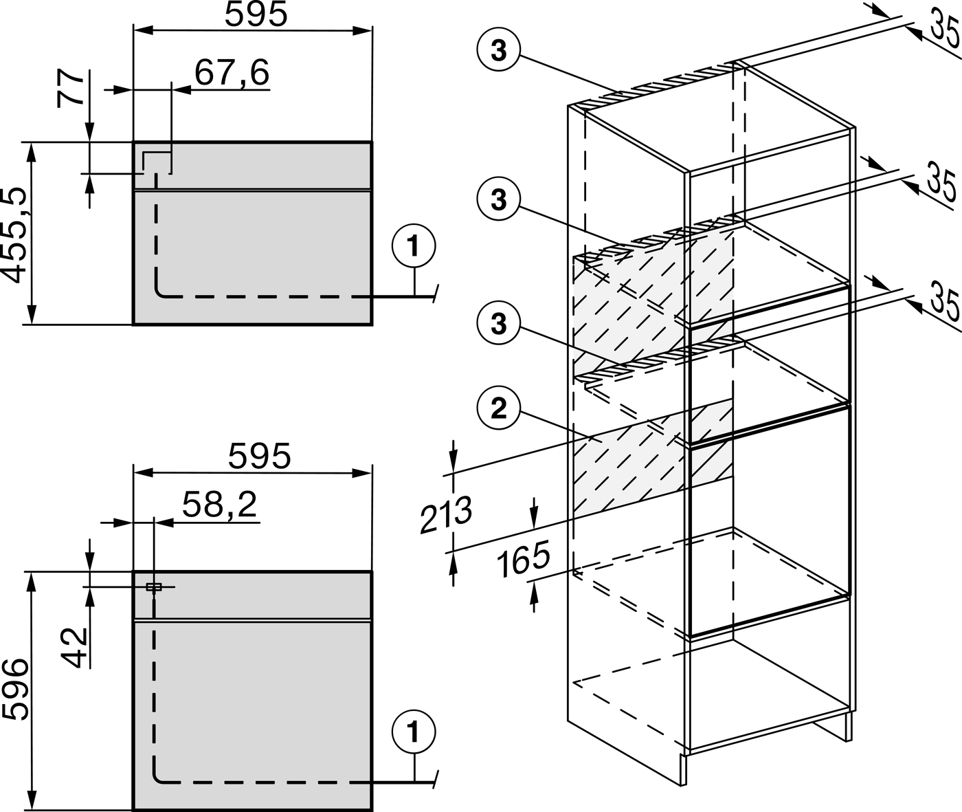 Diagramm mit Abmessungen für einen Schrank oder ein Regal. Zeigt Draufsicht und Seitenansicht mit Maßen.