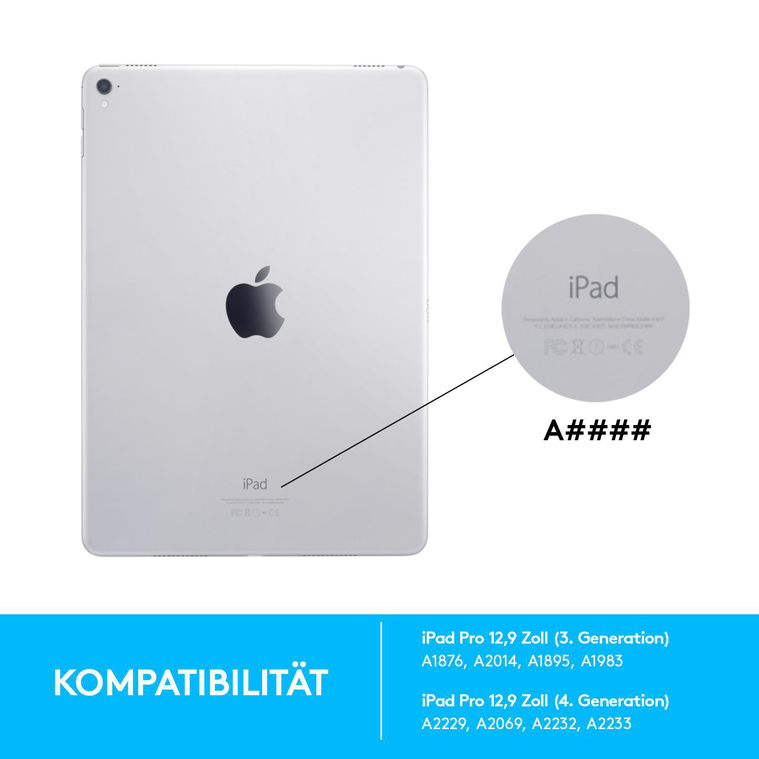 Rückseite eines silbernen iPads mit Apple-Logo. Die Modellnummer befindet sich unten.