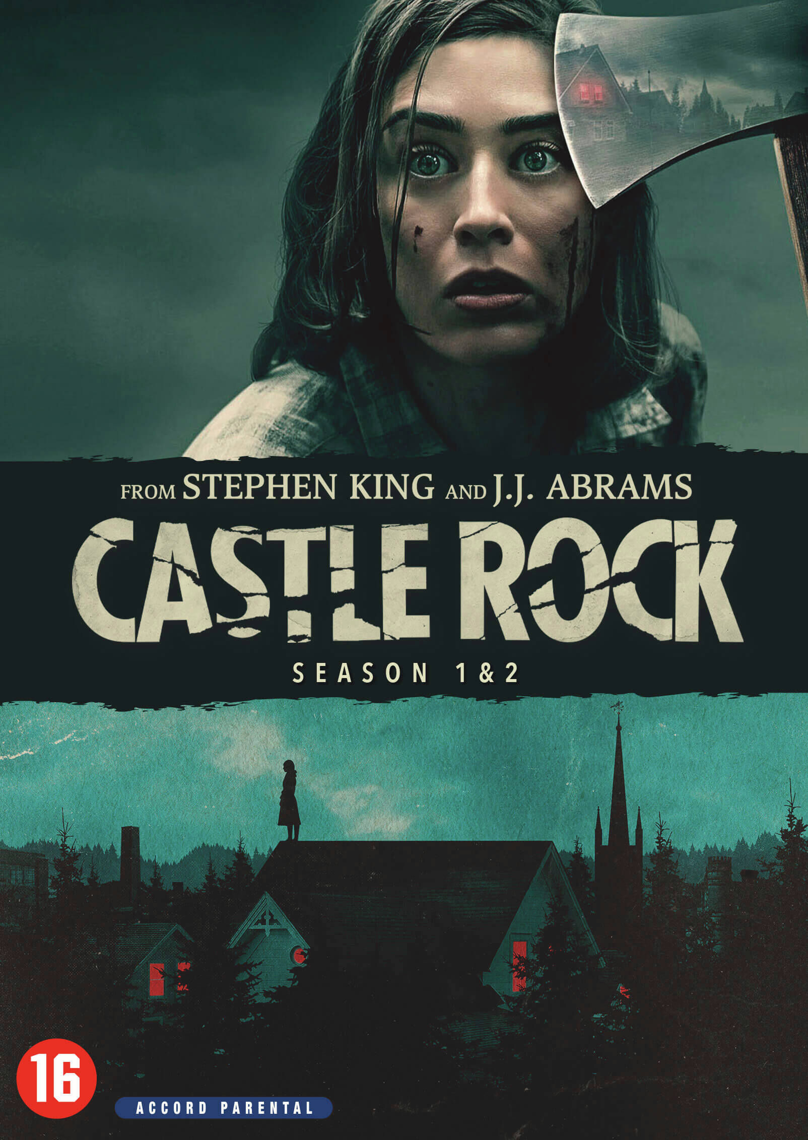 Poster voor 'Castle Rock'. Een vrouw, een bijl en huizen zijn zichtbaar.
