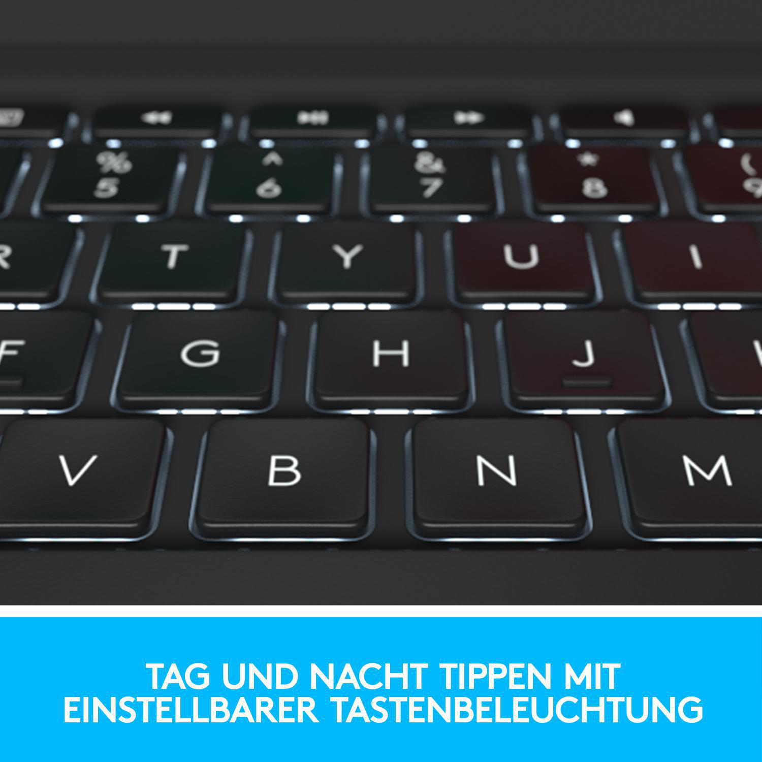Nahaufnahme einer Tastatur mit beleuchteten Tasten, die Buchstaben und Zahlen zeigt.