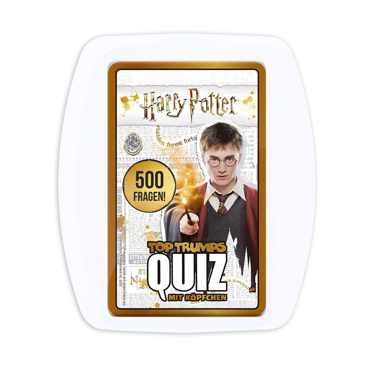 Eine Harry Potter Top Trumps Quiz Kartenspielbox. Mit Harry Potter mit Zauberstab.