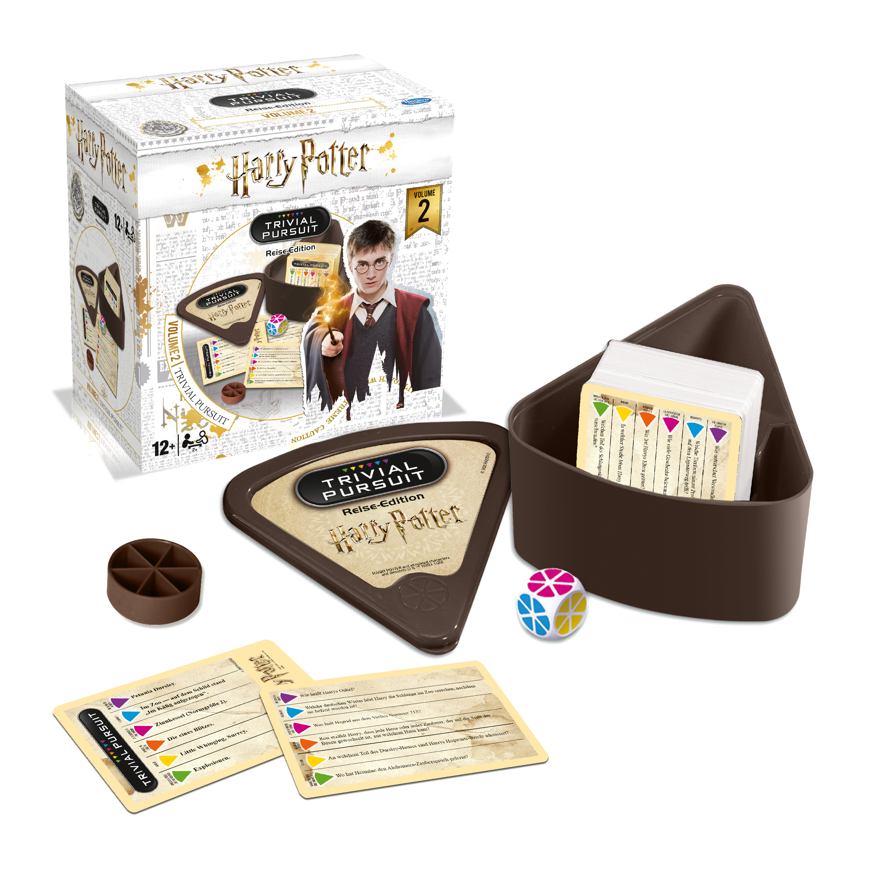 Eine Harry Potter Trivial Pursuit Spielbox und Komponenten, mit Karten und einem Würfel.