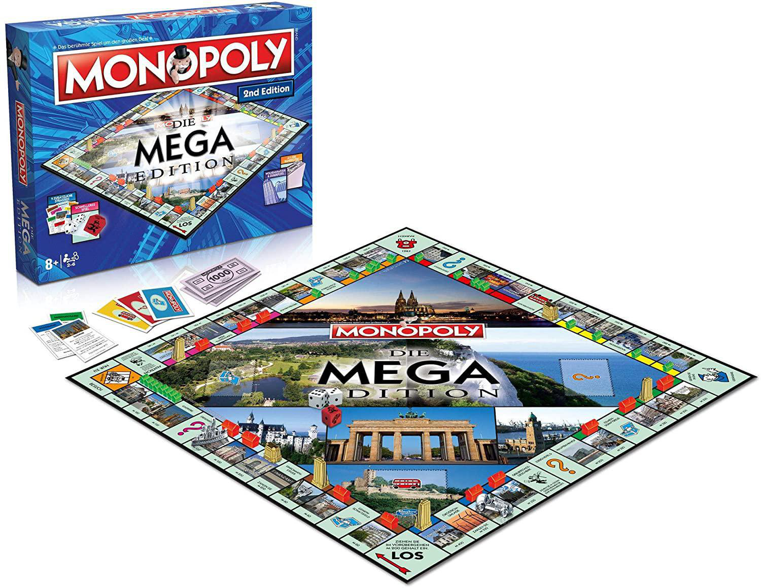 Monopoly Die Mega Edition Brettspiel mit Schachtel und Spielsteinen.
