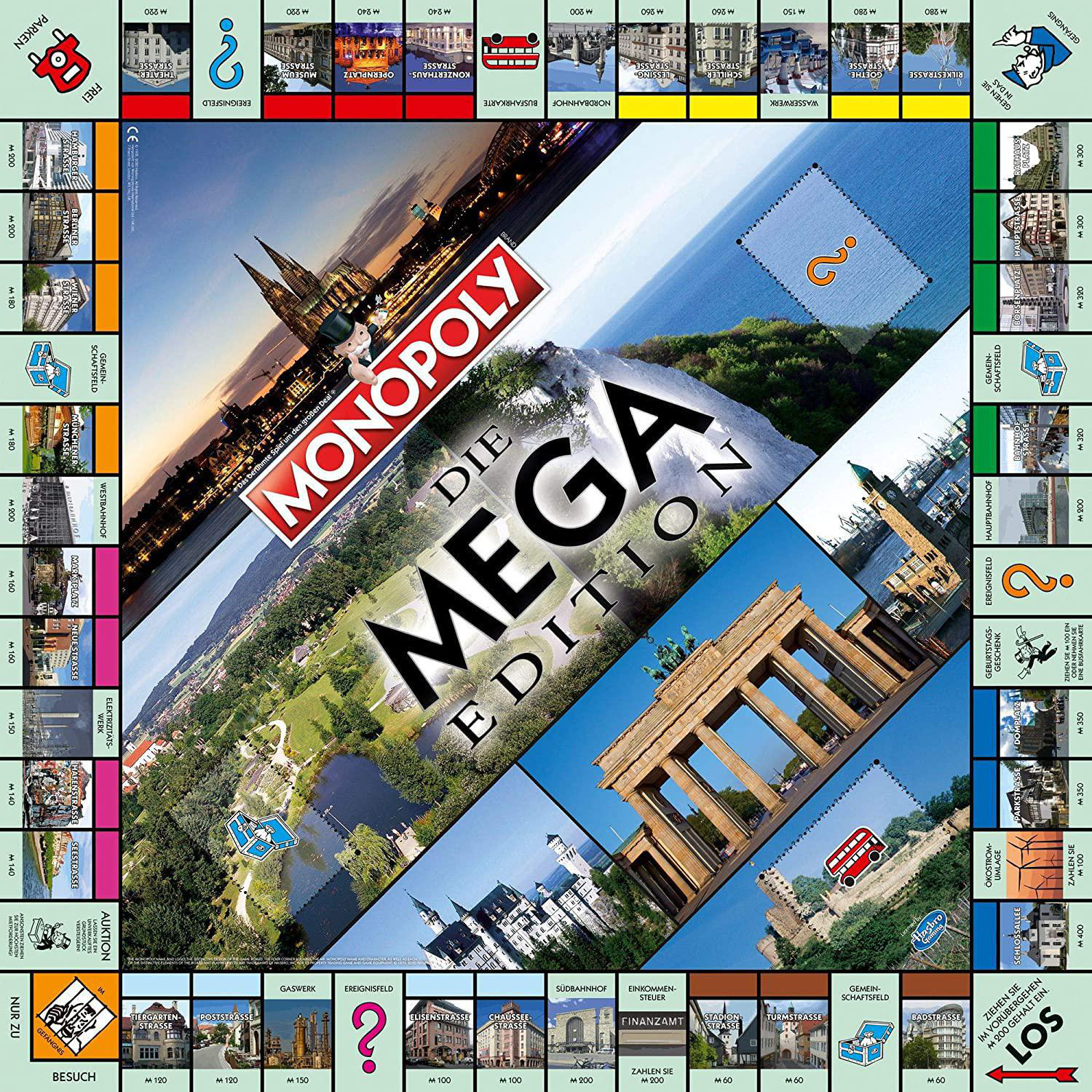 Ein Monopoly-Brettspiel mit verschiedenen Bildern von Gebäuden und Wahrzeichen. Das Brett ist diagonal angewinkelt.