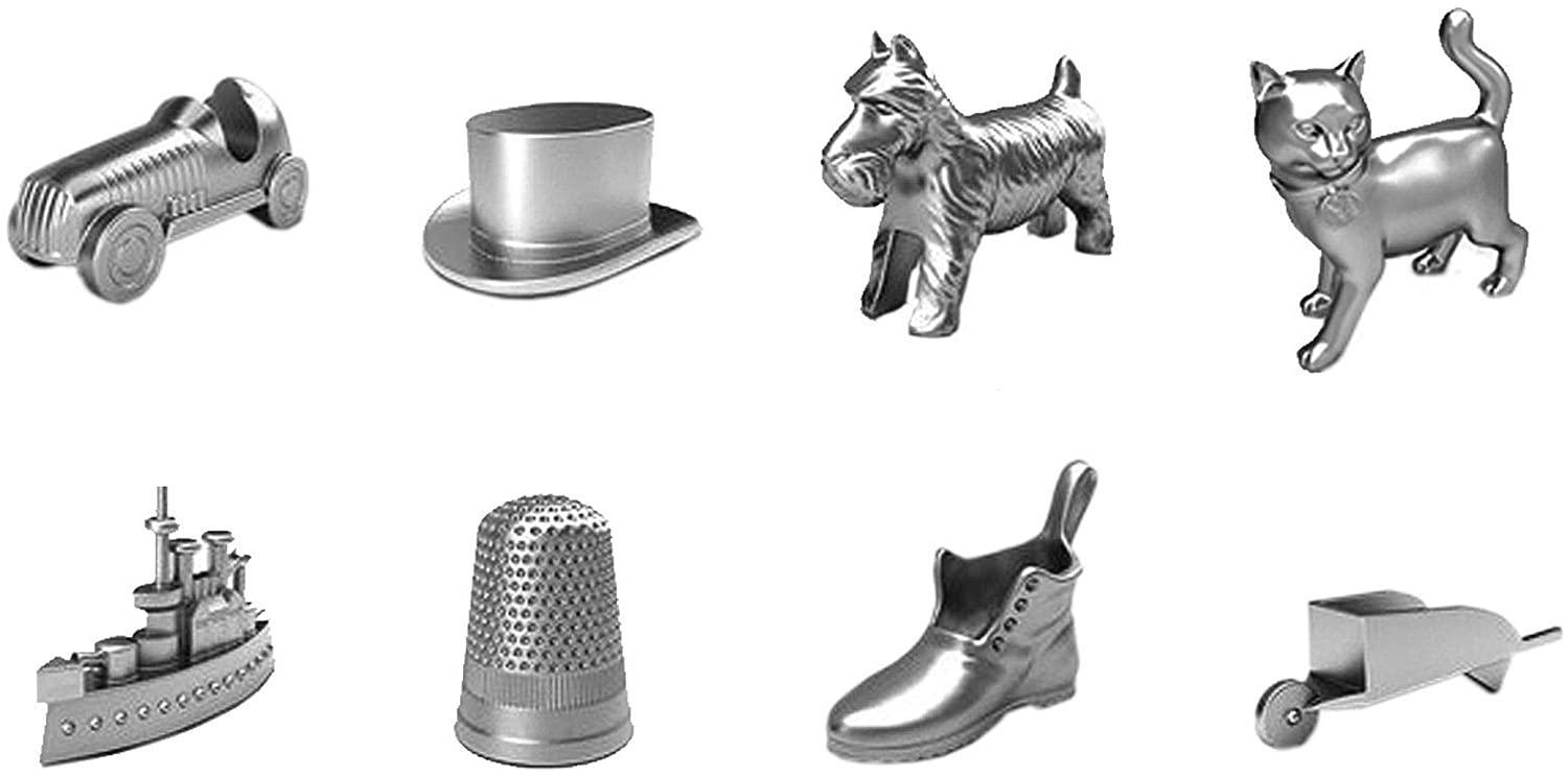 Monopoly-Spielsteine: Rennwagen, Zylinder, Hund, Katze, Schiff, Fingerhut, Stiefel und Schubkarre. Alles Silber.
