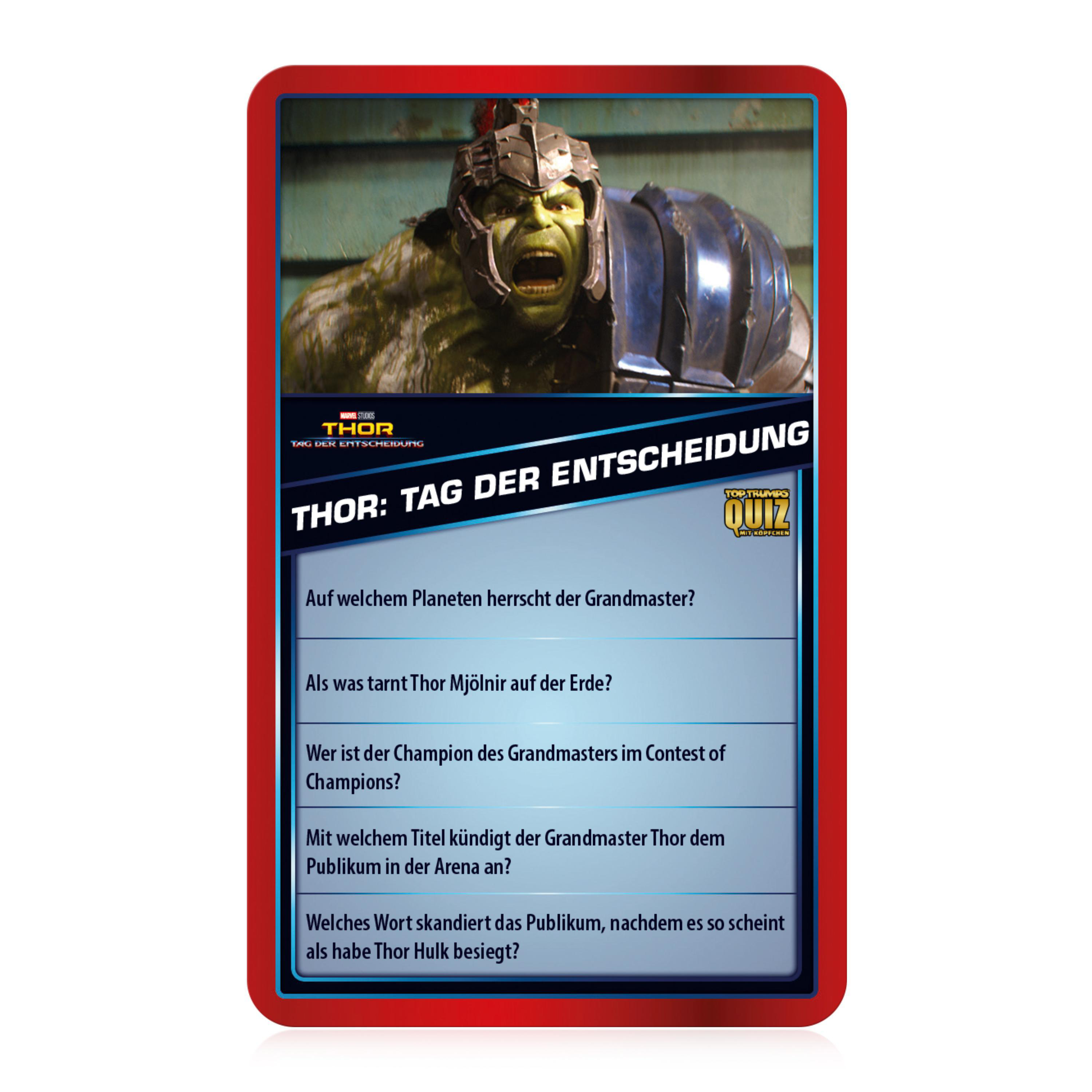 Eine Thor-Film-Quizkarte mit einem Bild von Hulk.
