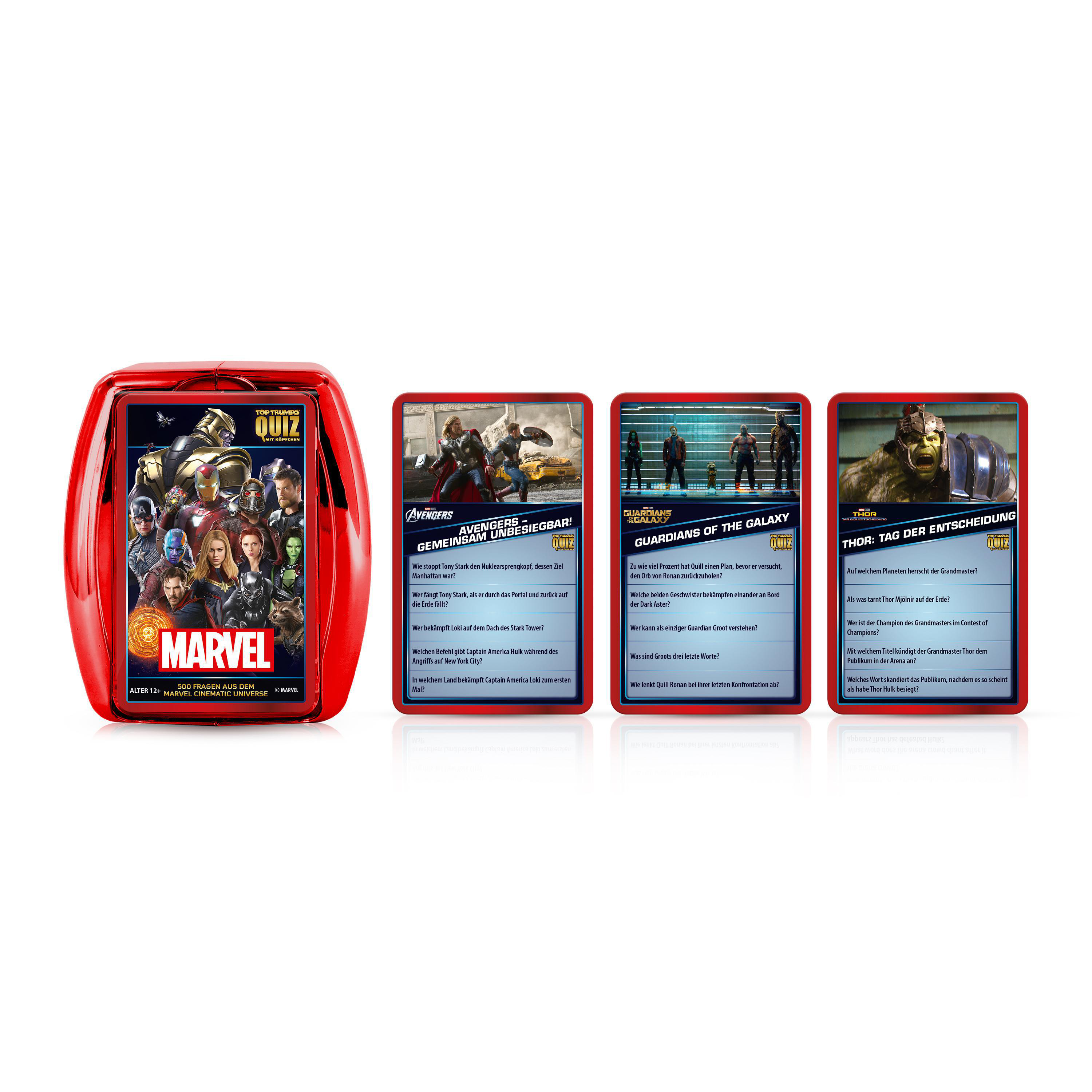 Rote Marvel Quizspielbox mit Karten. Karten zeigen Bilder von Avengers, Guardians of the Galaxy und Thor.