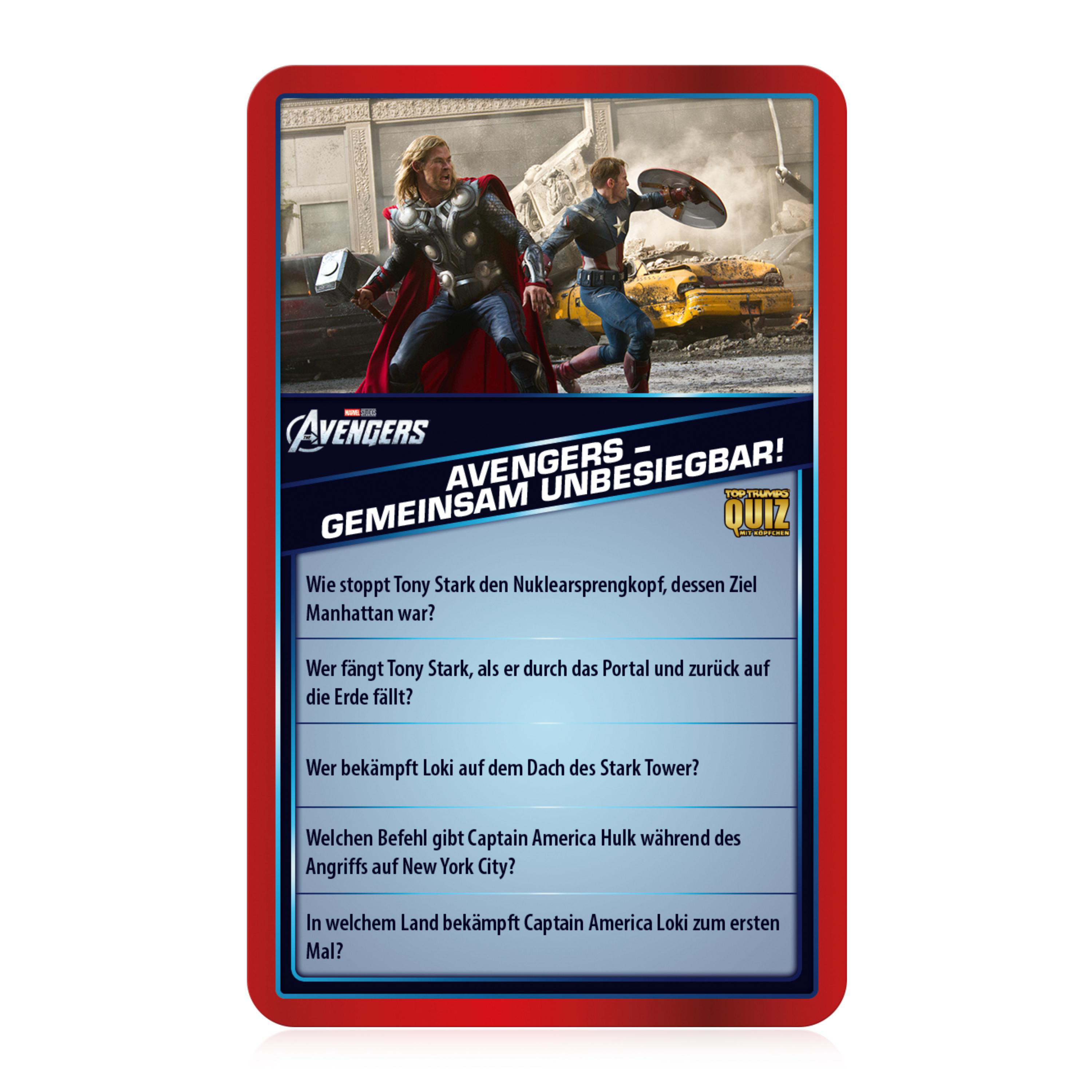 Avengers-Karte mit Quiz. Thor und Captain America kämpfen im Hintergrund.