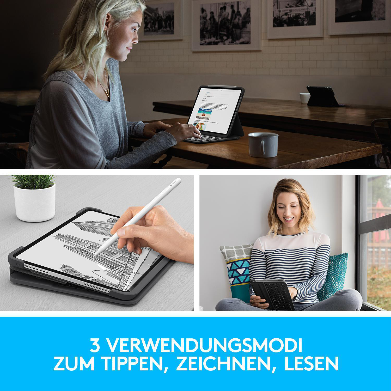 Bilder, die eine Frau bei der Verwendung eines iPads in verschiedenen Modi zeigen.
