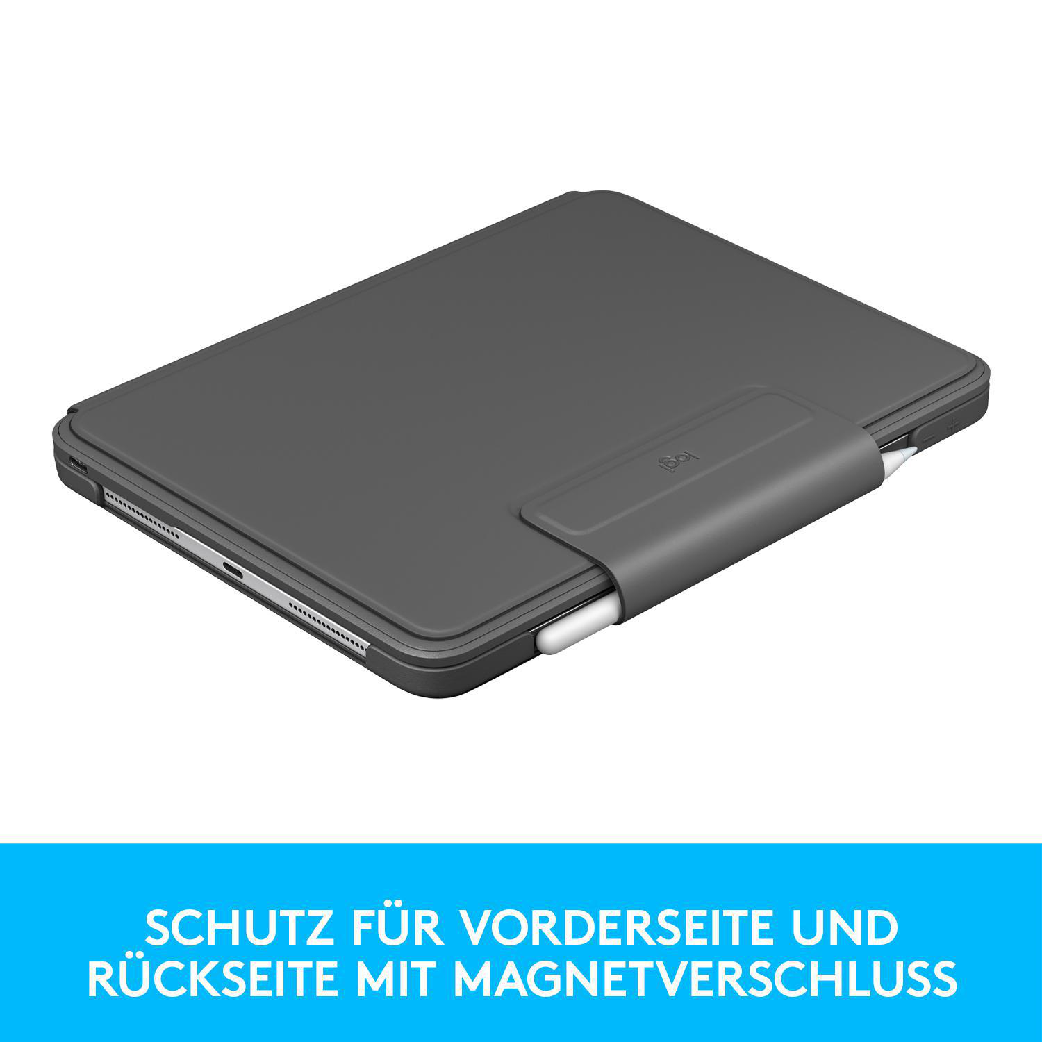 Eine graue Tablethülle mit Magnetverschluss, die einen Stift hält. Der Hintergrund ist weiß.