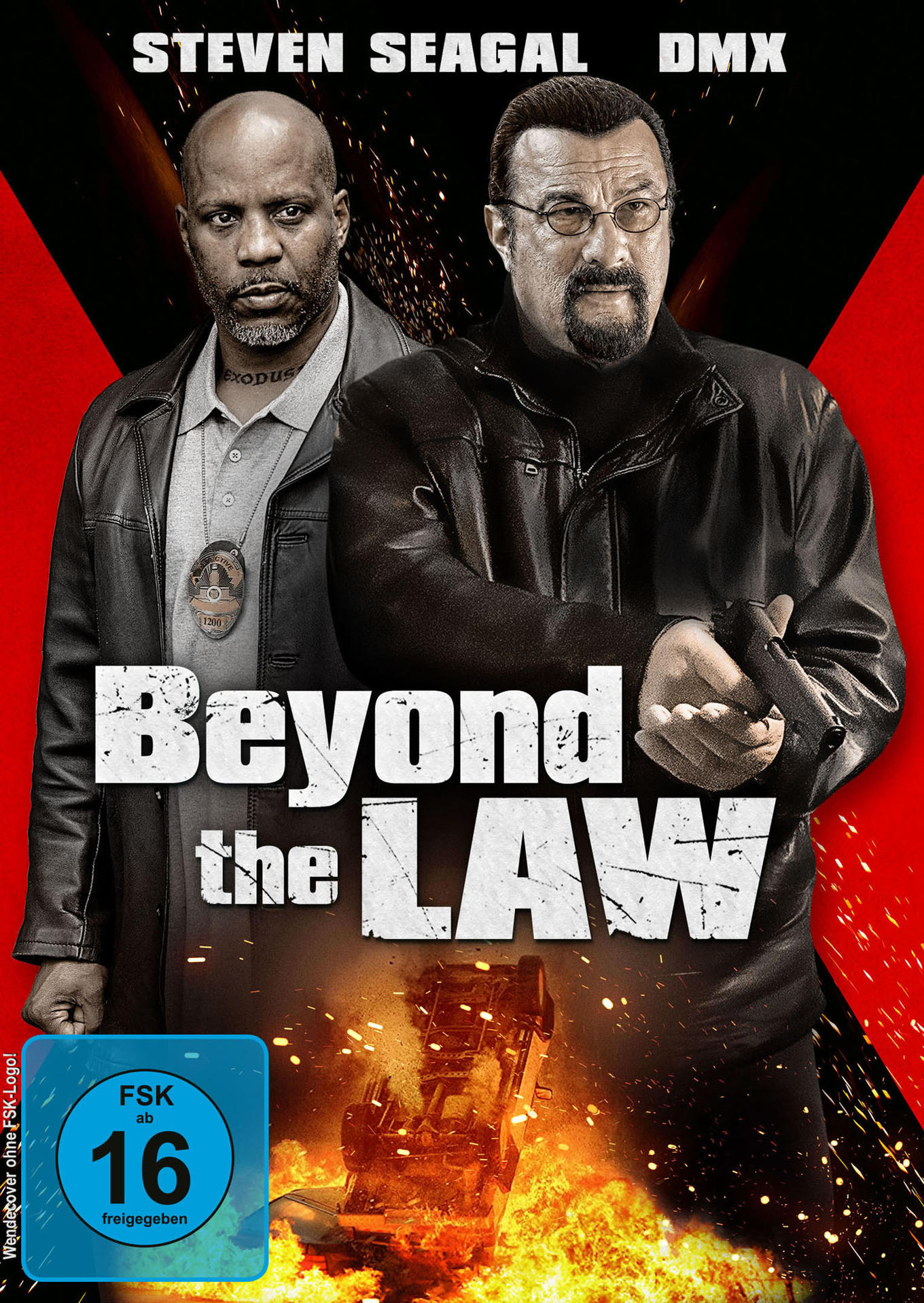 DVD-Cover mit Steven Seagal und DMX. Titel: 'Beyond the Law'. Dunkler Hintergrund mit Autowrack.