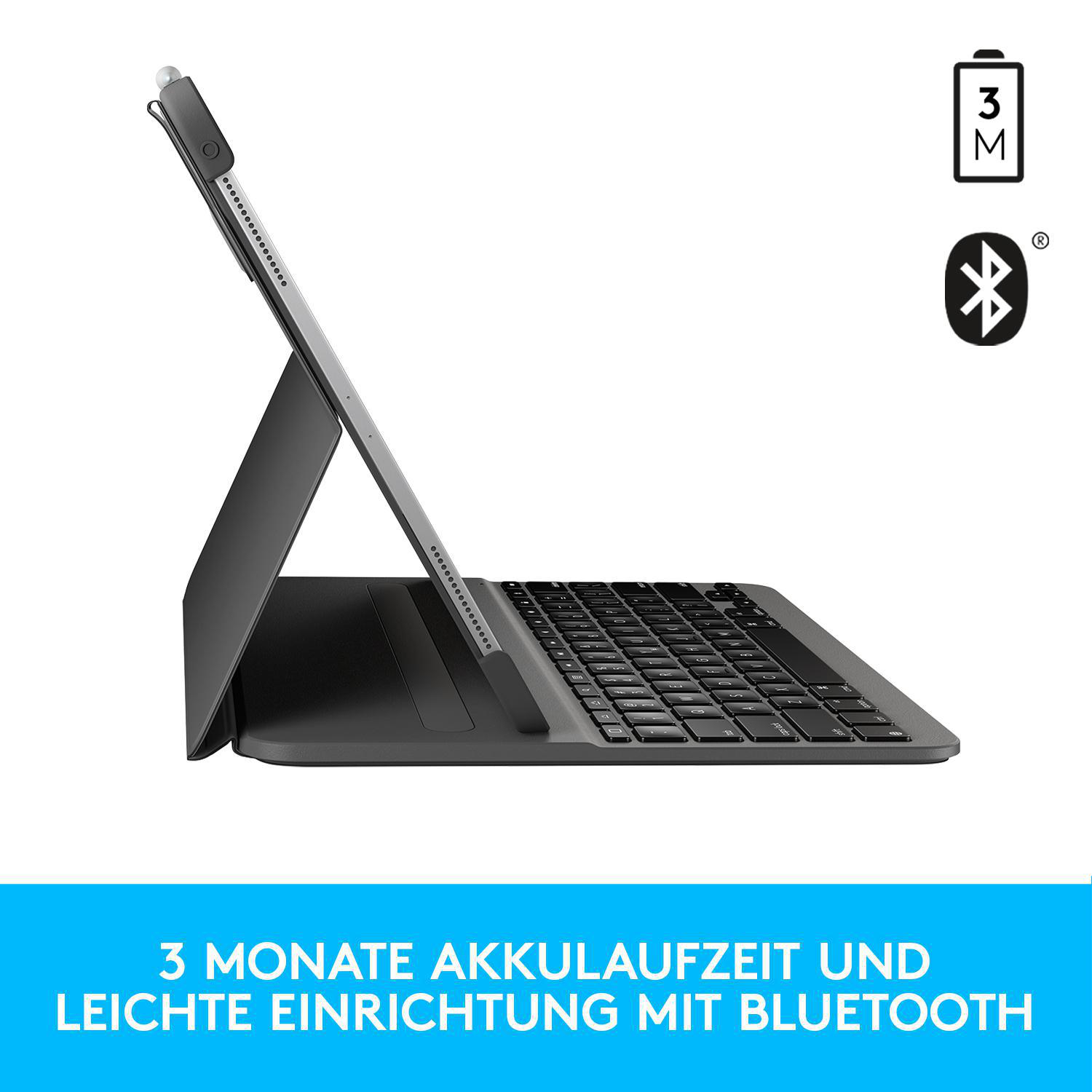 Ein schwarzes Tablet mit Tastaturhülle, offen, mit dem Text '3 Monate Akkulaufzeit und einfache Einrichtung'.