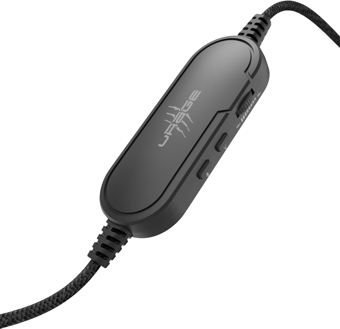 Egy fekete headset vezérlő. Gombok és hangerőcsúszka található rajta.