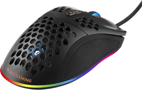 Schwarze Gaming-Maus mit Wabenmuster, RGB-Beleuchtung und Deltaco Gaming-Logo.