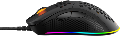 Schwarze Gaming-Maus, Seitenansicht, mit Wabenmuster und RGB-Beleuchtung.