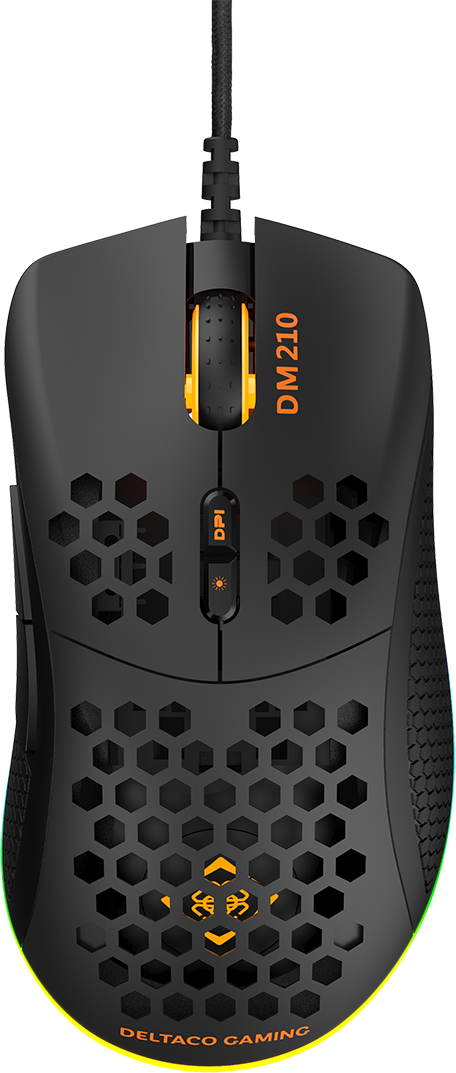 Schwarze Gaming-Maus mit Wabenmuster und orangefarbenen Akzenten.