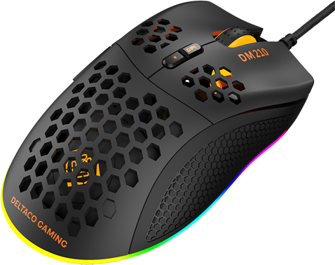 Schwarze Gaming-Maus mit orangefarbenen Akzenten und Wabenmuster. Bunte Lichter unten.