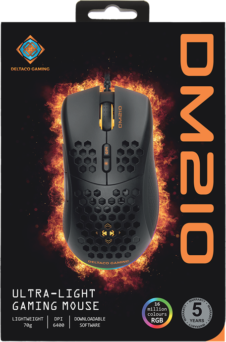 Gaming-Maus in einer Box. Schwarze Maus mit Wabenmuster, umgeben von Flammen-Grafiken.