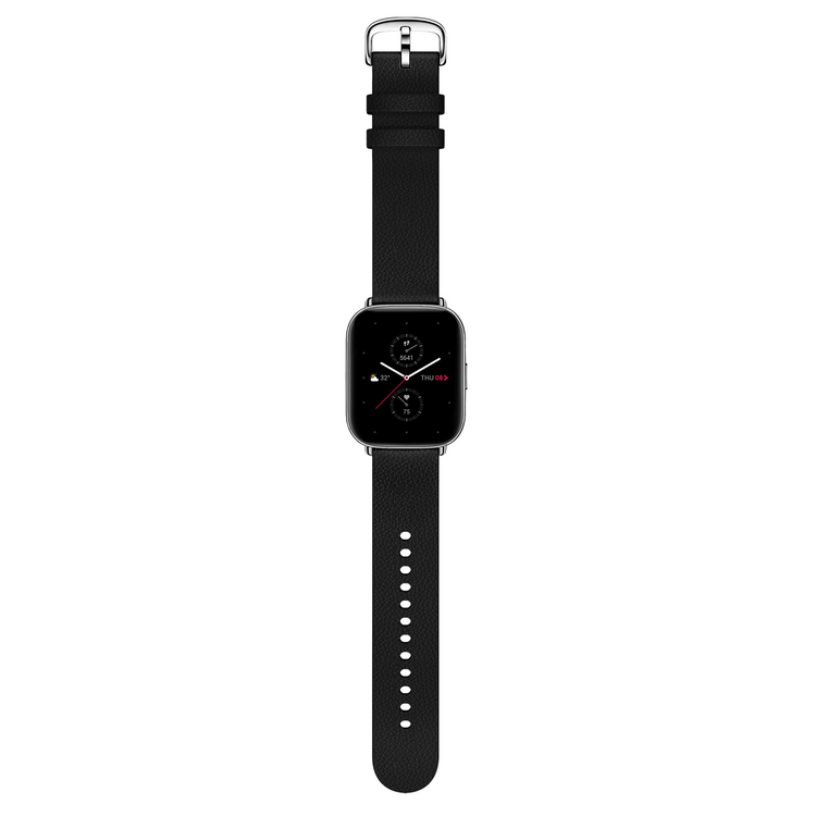 Smartwatch negra con correa negra. La pantalla muestra información.