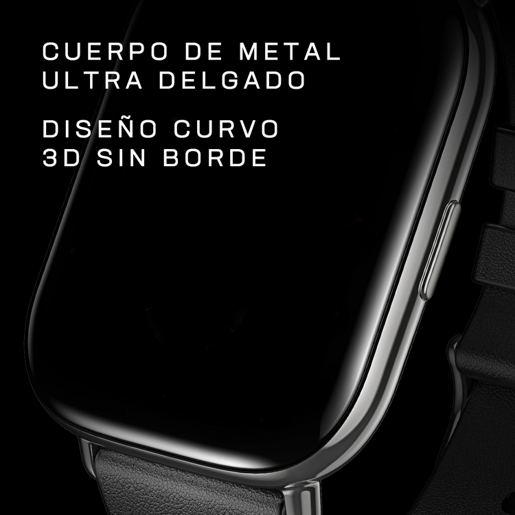Primer plano de un reloj inteligente, pantalla negra, marco metálico, correa negra.