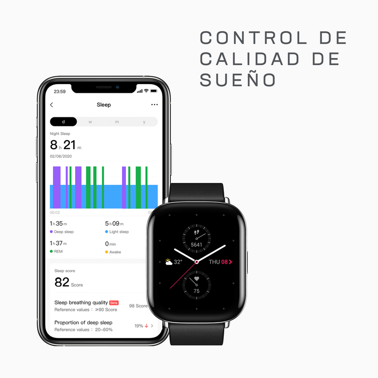 Un reloj inteligente y un teléfono inteligente que muestran datos de sueño.