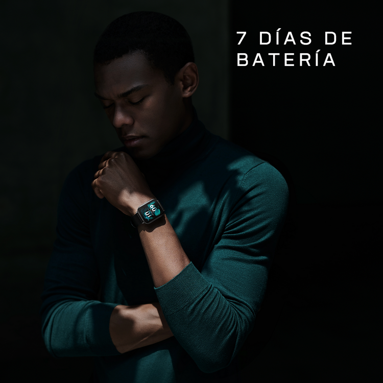 Hombre usando smartwatch. El texto en la imagen dice '7 días de batería'.