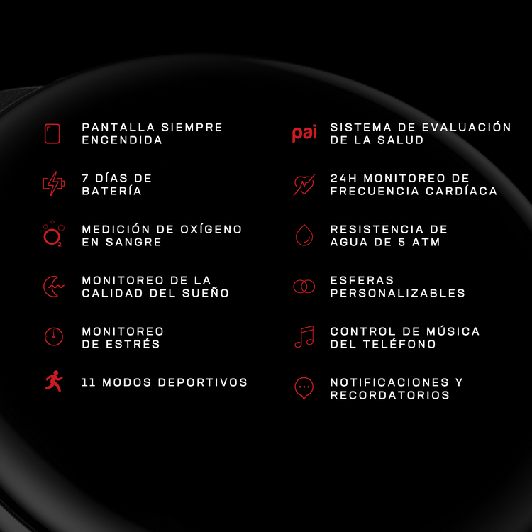 Smartwatch negra con iconos de funciones sobre fondo negro.