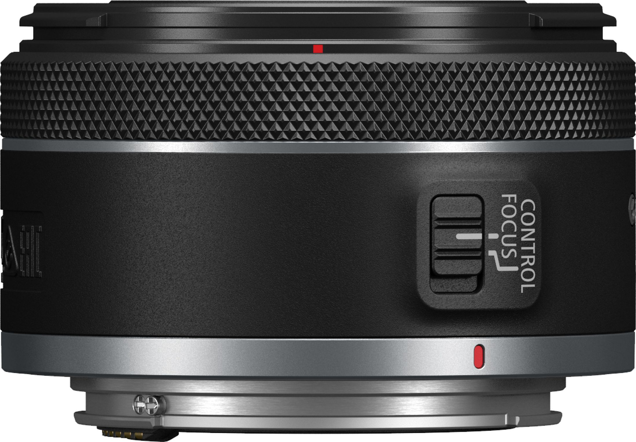 Obiettivo della fotocamera nero con ghiera 'Control Focus' e puntino indicatore rosso. Bordo argentato.