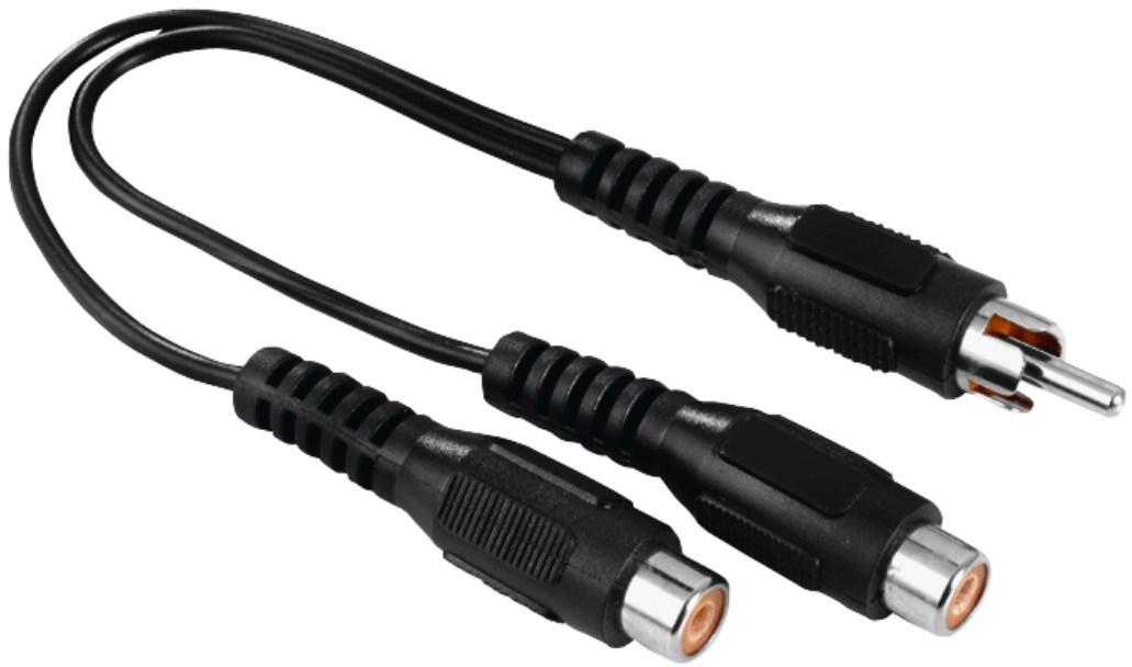 Câble RCA noir. Deux connecteurs RCA femelles vers un connecteur RCA mâle. Isolé sur fond blanc.