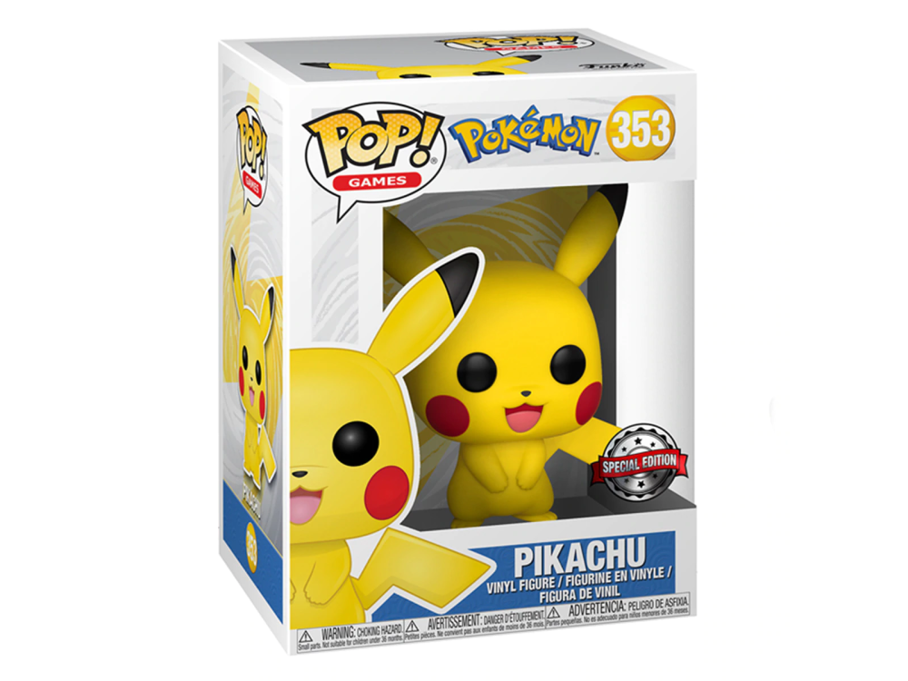 Figura de Pikachu en una caja. La caja es blanca con detalles amarillos.