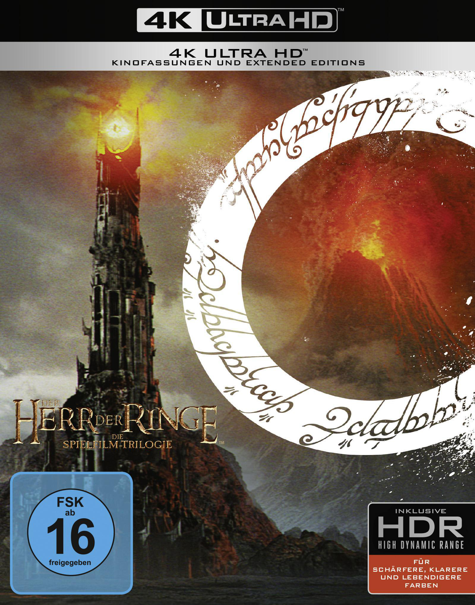 4K UHD Lord of the Rings Trilogie Cover, mit Turm und Ring, mit feurigem Hintergrund.