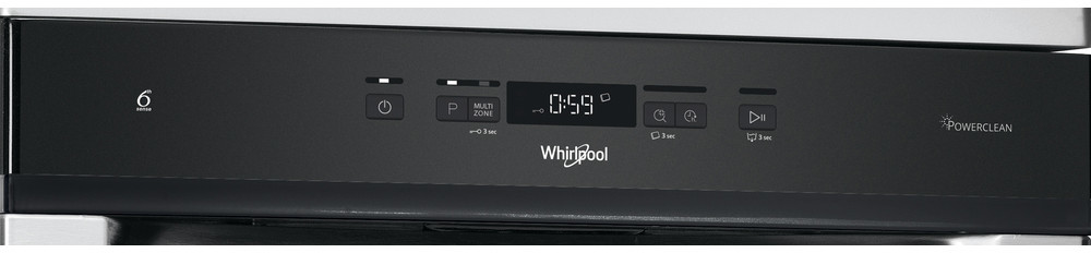 Zwart bedieningspaneel van een vaatwasser. Geeft tijd en instellingen weer. Whirlpool-logo.