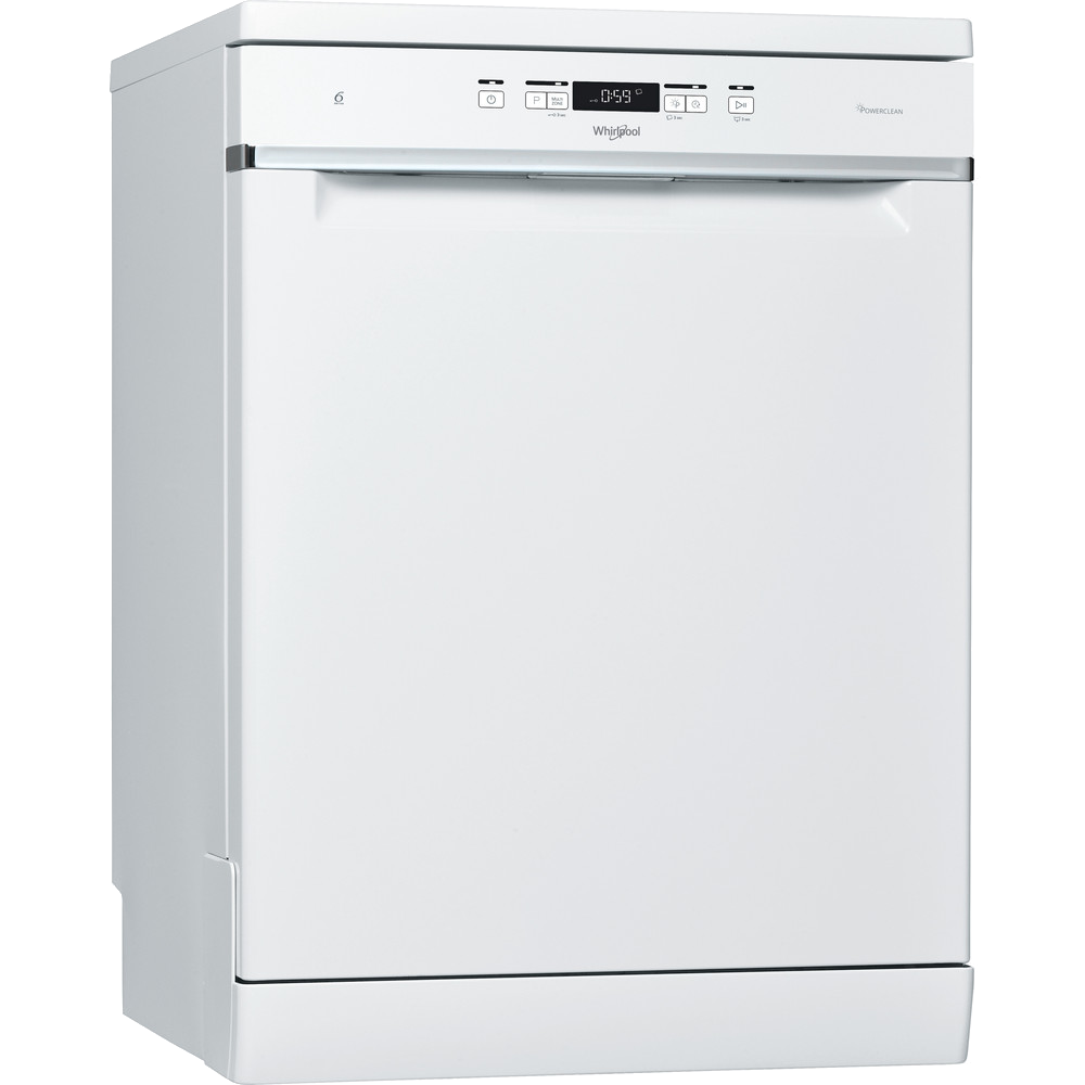 Un lave-vaisselle Whirlpool blanc. Il dispose d'un panneau de commande avec un écran numérique et des boutons.