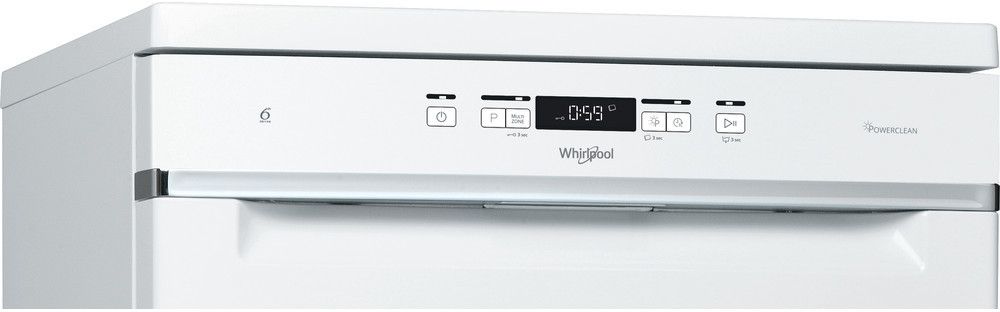 Gros plan sur le panneau de commande d'un lave-vaisselle blanc avec des boutons, un affichage numérique et le logo Whirlpool.