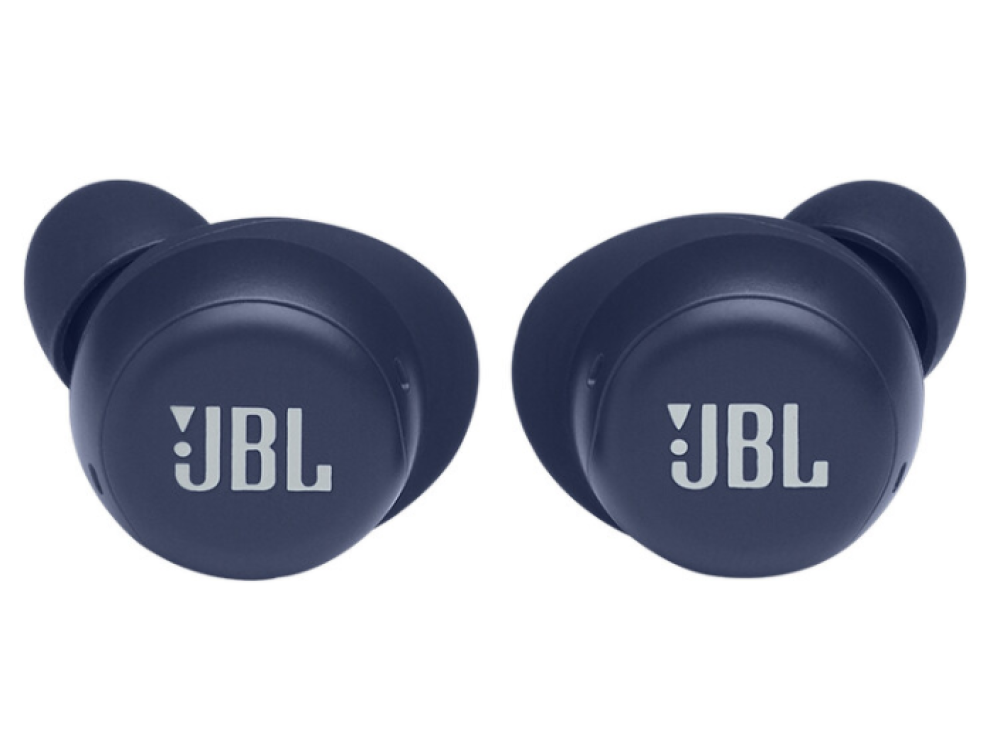 Dos auriculares JBL azul oscuro. El logotipo de JBL es visible en cada auricular.