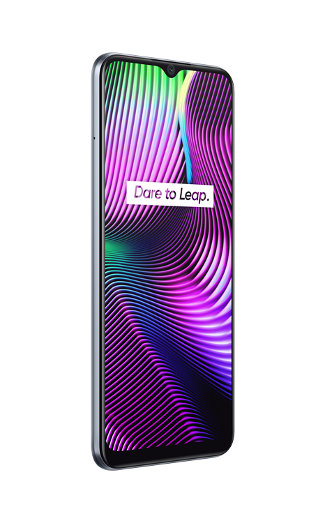 Teléfono Realme, pantalla que muestra líneas abstractas coloridas. El teléfono tiene una muesca de lágrima.