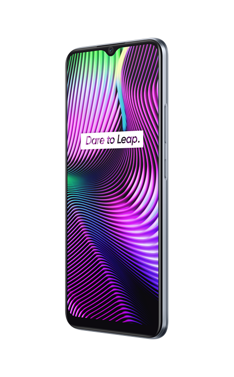 Un smartphone plateado con pantalla colorida.