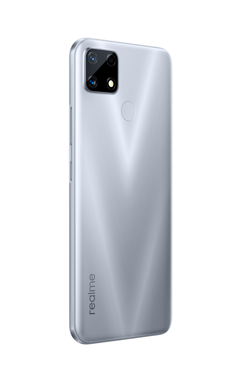 Smartphone Realme plateado, vista trasera, con dos cámaras y sensor de huellas dactilares sobre gris.