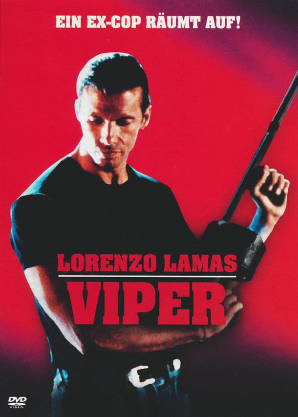 Filmposter von 'Viper' mit Lorenzo Lamas, roter Hintergrund mit einer Waffe.