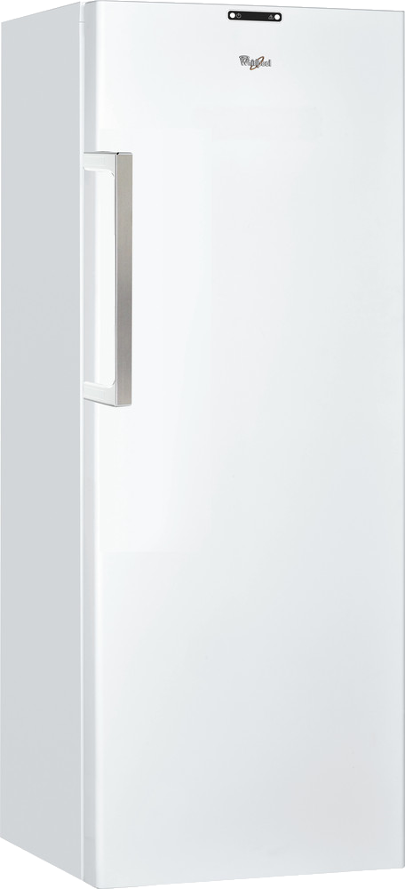 Hoge witte Whirlpool vriezer met een zilveren handgreep en het Whirlpool-logo.