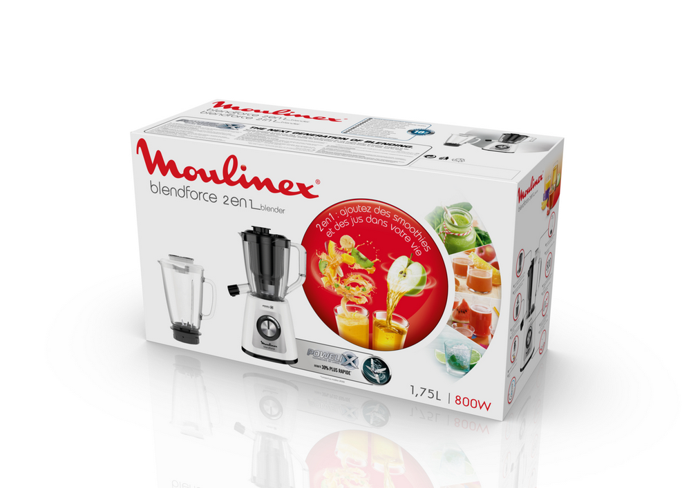Caja de licuadora Moulinex Blendforce 2en1. Se muestra la licuadora y líquidos.