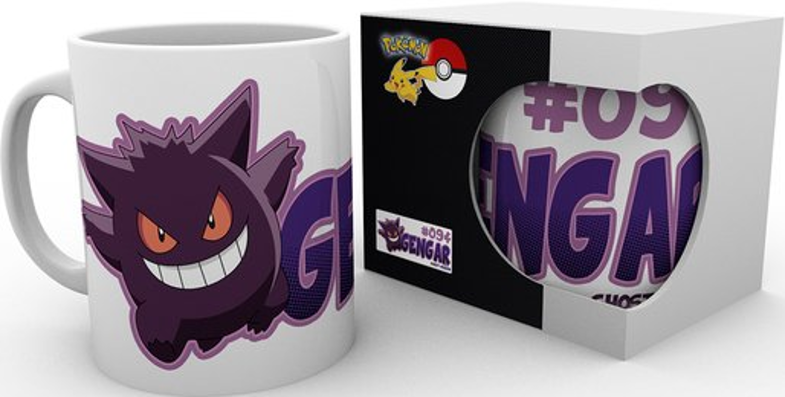 Mug blanc avec un design Gengar violet et une boîte avec une image de Gengar.