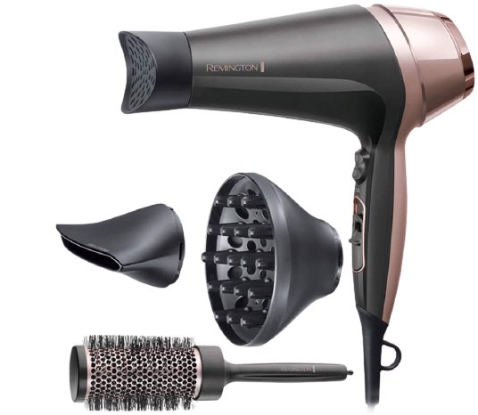 Remington-Haartrockner mit Aufsätzen: Konzentrator, Diffusor und Rundbürste auf schwarzem Hintergrund.