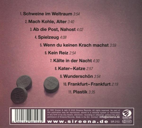 Die Rückseite einer CD mit einer Liste von Songs und ein paar Pillen.
