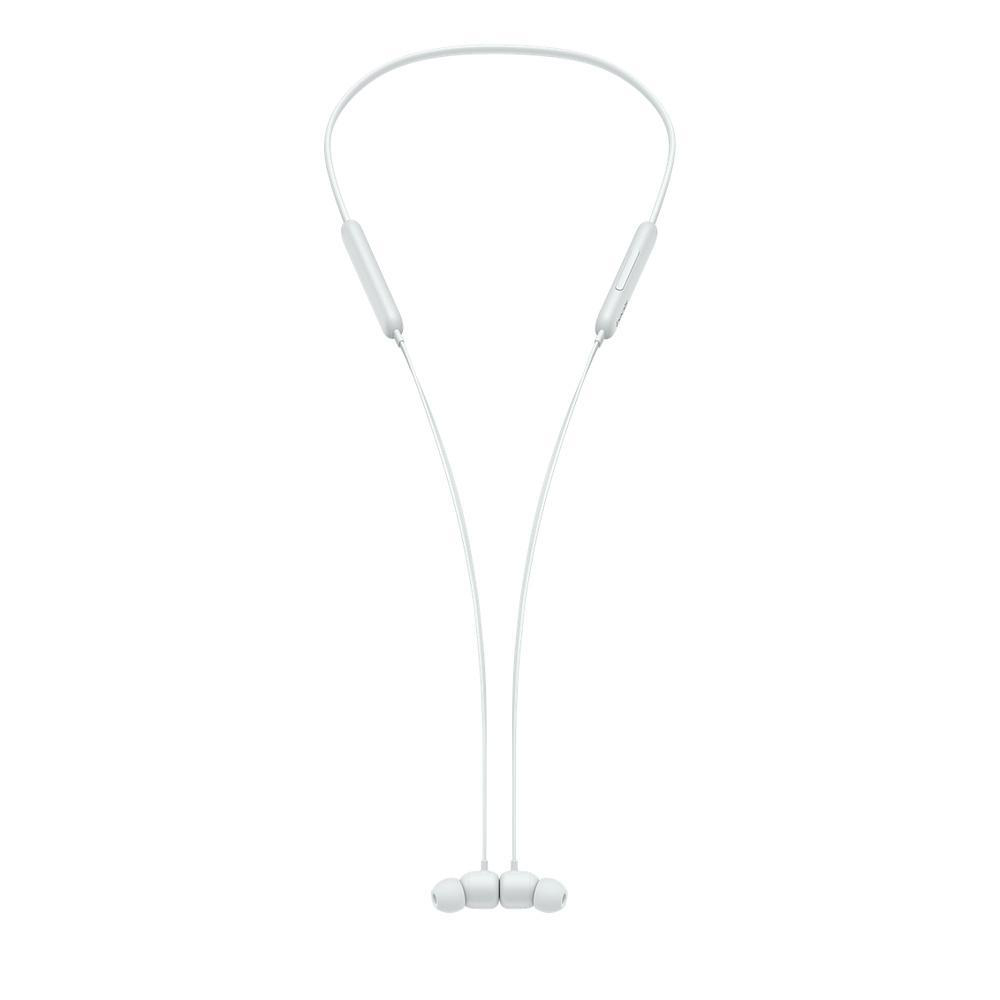 Weiße Beats Flex kabellose Ohrhörer. Das Kabel verbindet die Ohrhörer und hat ein Nackenband.