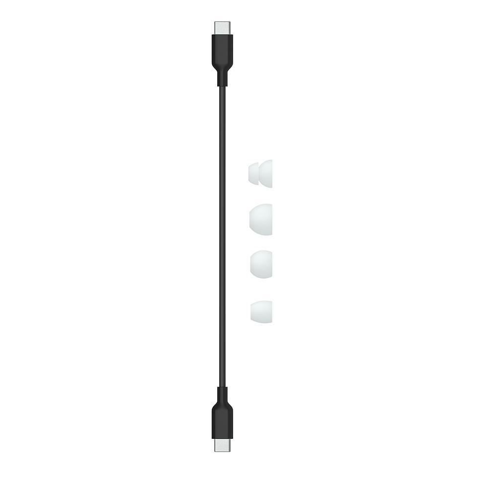 Schwarzes Ladekabel mit USB-C-Anschlüssen und weißen Ohrstöpseln.