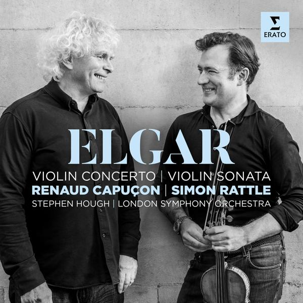 Albumcover mit zwei lächelnden Männern in Anzügen, mit Text: 'Elgar' und Namen. Blauer Hintergrund.