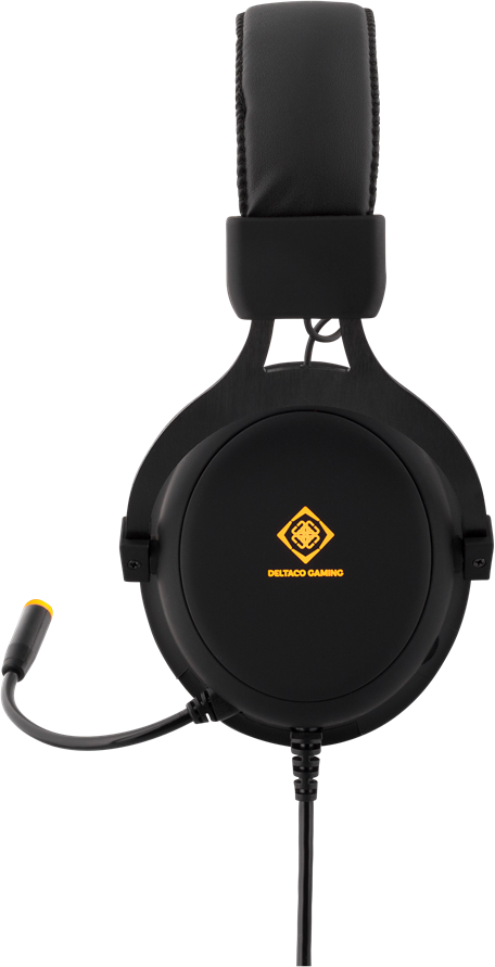 Cuffie da gioco nere con microfono. Sfondo nero.